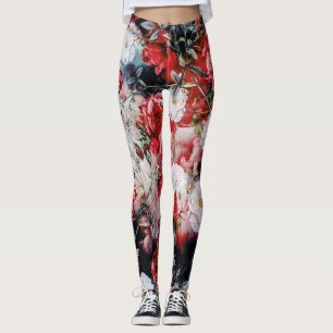Legging Ioga preta branca vermelha floral dos rosas do