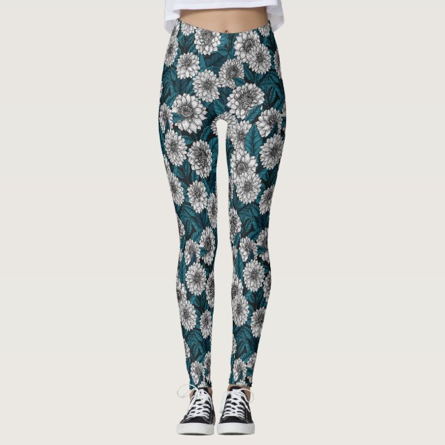 Legging Jardim branco Dahlia/ folhas azuis 2 (Frente)