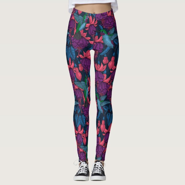 Legging Jardim de beija-flores em roxo e azul (Frente)