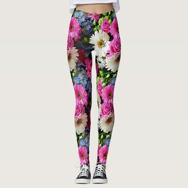 Legging Jardim de Design de Flores Coloridas (Frente)