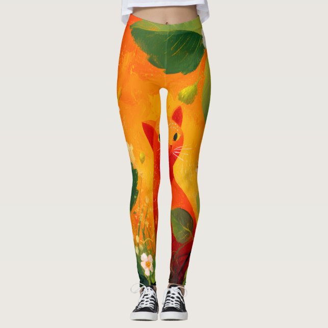 Legging Jardim de Flores Silvestres Gato Vermelho Capricho (Frente)