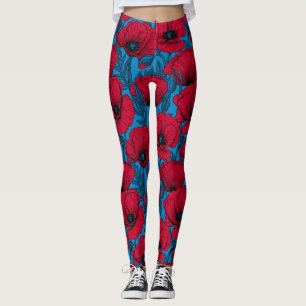 Legging Jardim de papoila vermelho em azul