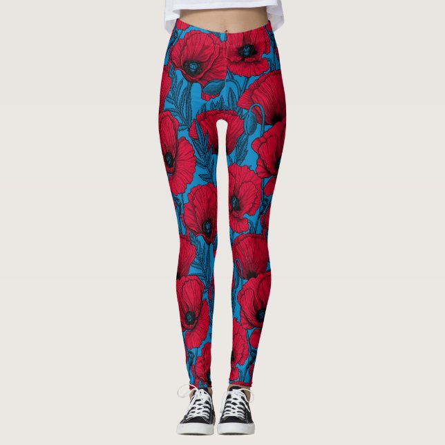 Legging Jardim de papoila vermelho em azul (Frente)