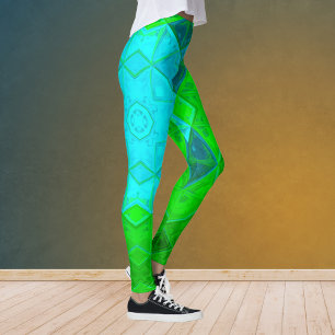 Legging Kaleidoscope Quadrado de mosaico Verde e Azul