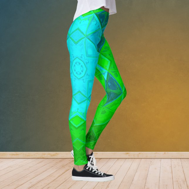 Legging Kaleidoscope Quadrado de mosaico Verde e Azul (Criador carregado)