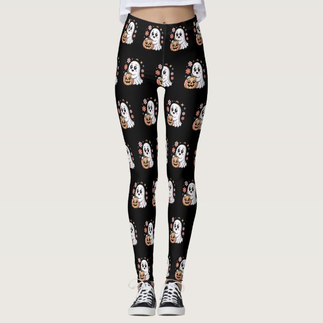 Legging Kawaii Ghost & Pumpkin Padrão Floral do Halloween (Frente)