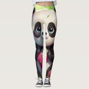 Legging Kawaii Panda Segurando Coração em uma Floresta de