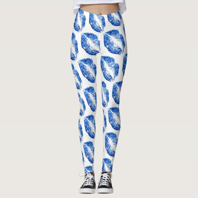 Legging Lábios Brilhantes Azuis Branco Moderno (Frente)