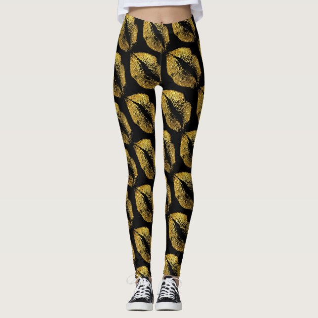 Legging Lábios Dourados com brilho preto moderno (Frente)