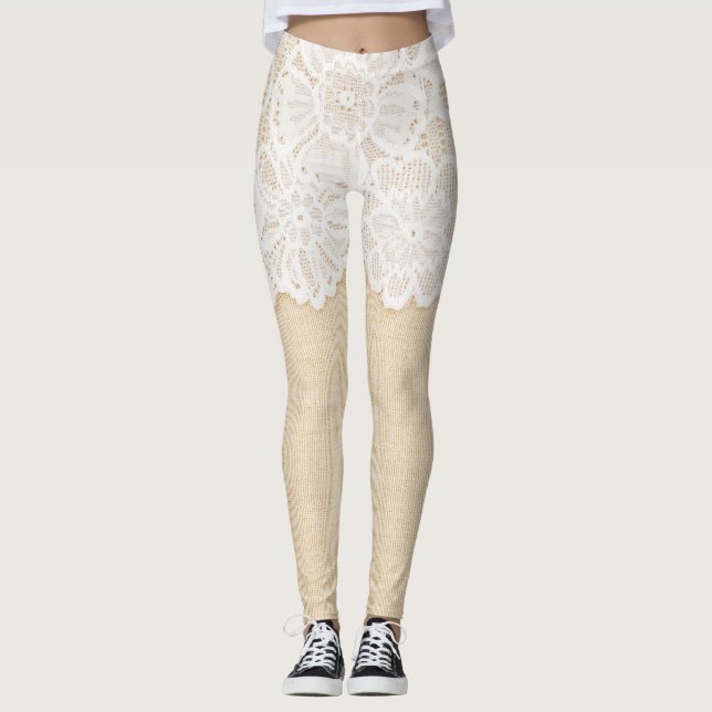 Legging Lace branco sobre design de tecido. (Frente)