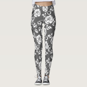 Legging Laço branco com os rosas em caneleiras pretas
