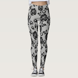 Legging Laço preto com os rosas nas caneleiras brancas