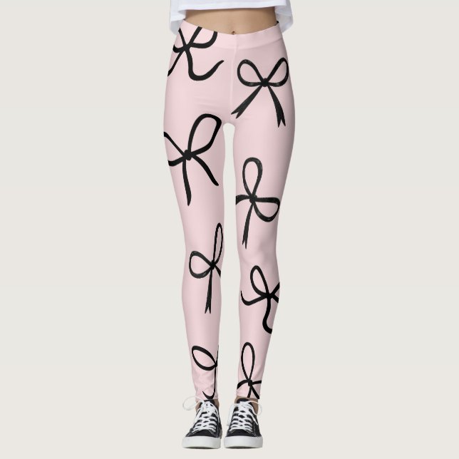 Legging Laços Pretos Pequenos e Fofos na Moda Rosa (Frente)