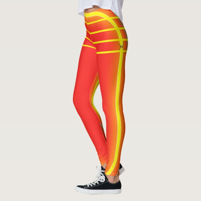 Legging Laranja Brilhante e Padrão Amarelo Mulheres Atlíti (Esquerda)