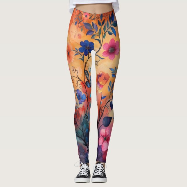 Legging Laranja e Azul Flores (Frente)