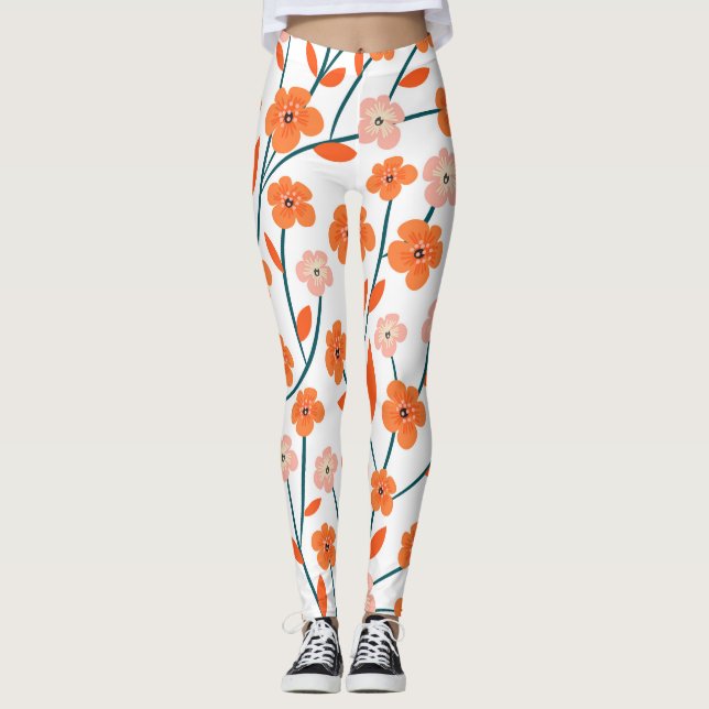 Legging Laranja Floral Pastel Branco Sem Costura (Frente)