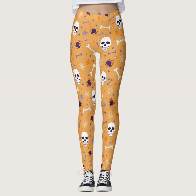Legging Laranja Halloween e crânios, Ossos, Aranhas e Web (Frente)