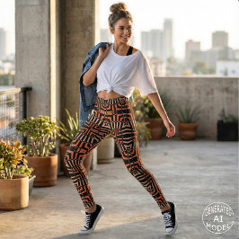 Legging Laranja Preto Geométrico Op Art Mosaico Retro na M