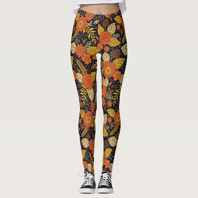 Legging Laranja retrorreflector, Amarelo e Marinho Floral (Frente)