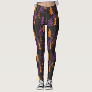 Legging Laranja verde do preto do teste padrão das árvor