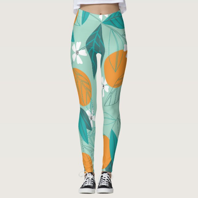 Legging Laranjas florescentes, folhas, arte safada. (Frente)