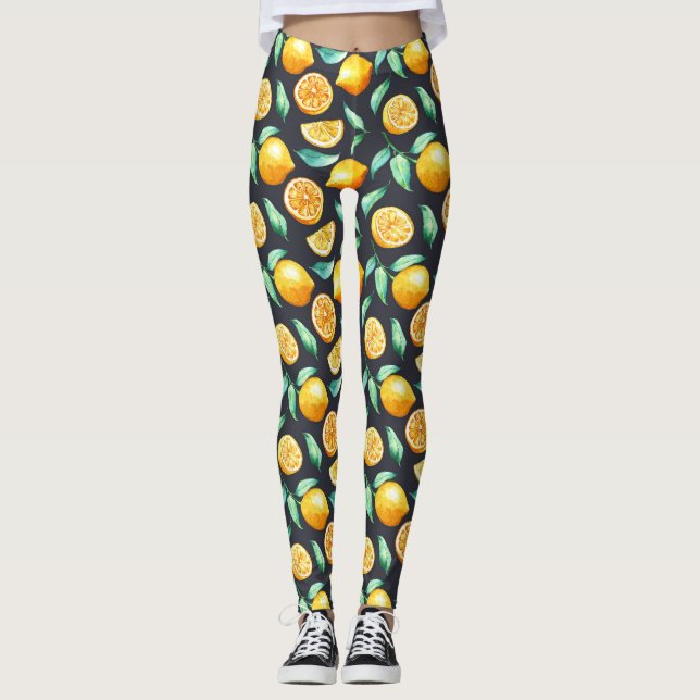 Legging Laranjas Limões Folhas Verdes Pretas (Frente)