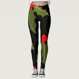 Legging Legagem de Natal Holly Leaf e Berry Pattern