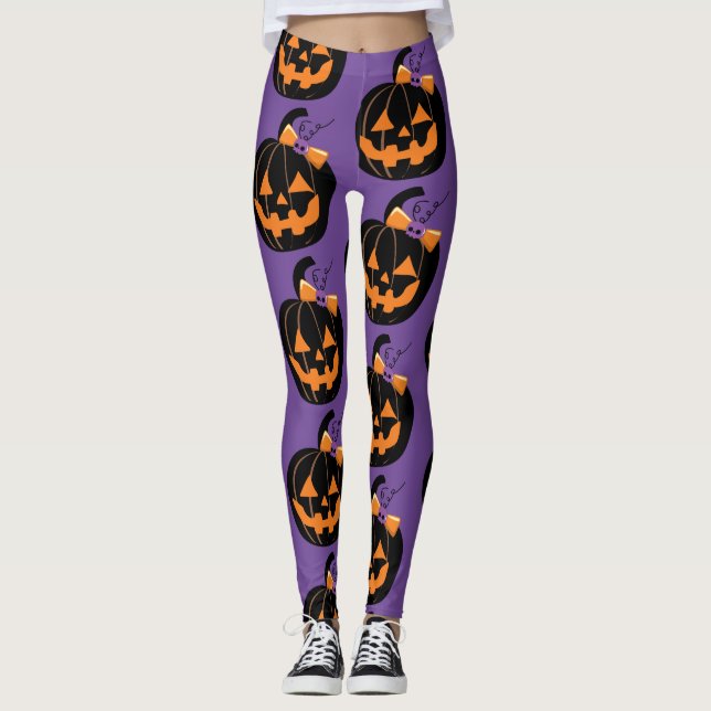 Legging Legagem Roxo-Impressão Bonita Jack O' Lanterna (Frente)