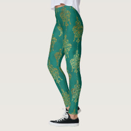 Legging legal de uma espécie de folha de ouro verde mulher