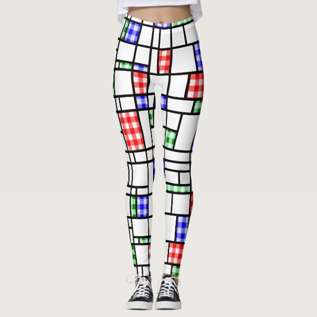 Legging Legenda da Gingham Blue Red Green Modern Art Grid (Frente)