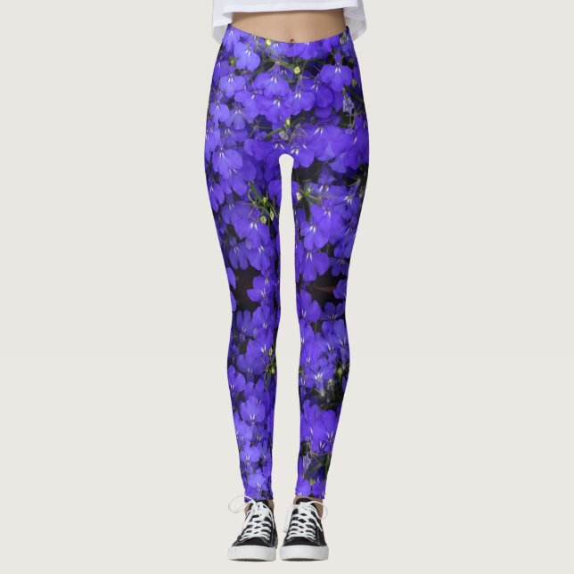 Legging Legenda de padrão das flores azuis brilhantes (Frente)