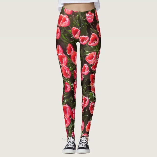 Legging Legenda do padrão das tulipas vermelhas (Frente)