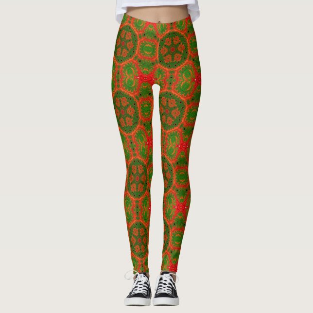Legging Leggens do caleidoscópio laranja e verde (Frente)