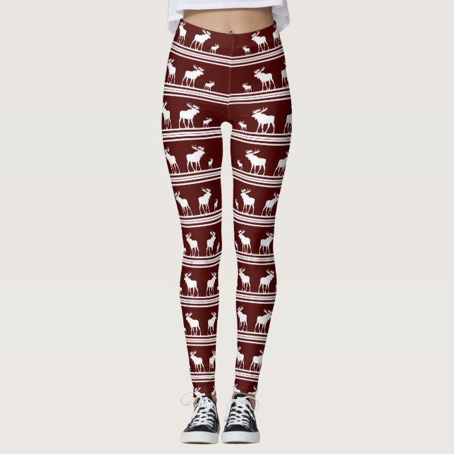 Legging Leggens do padrão da alce vermelha maroon (Frente)