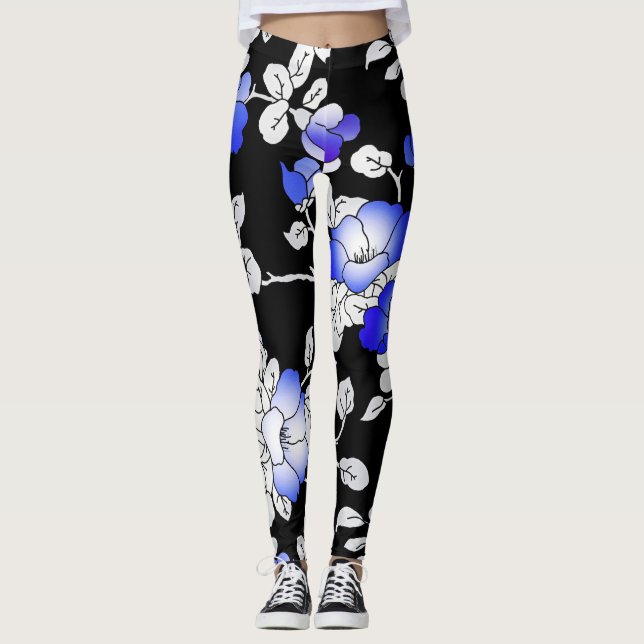 Legging Leggens Florais Pretas, Azuis-Brancas Elegantes (Frente)