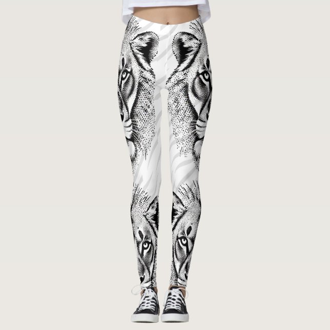 Legging Leggens Impressão do Leão Branco Preto (Frente)