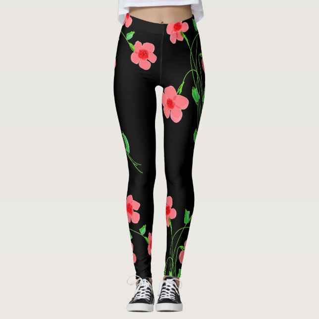 Legging Leggens Pretas Florais Rosa (Frente)