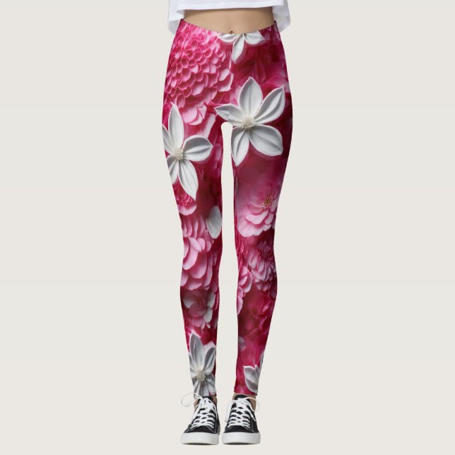 Legging Leguminosas Florais Brancas e Rosa Quente (Frente)