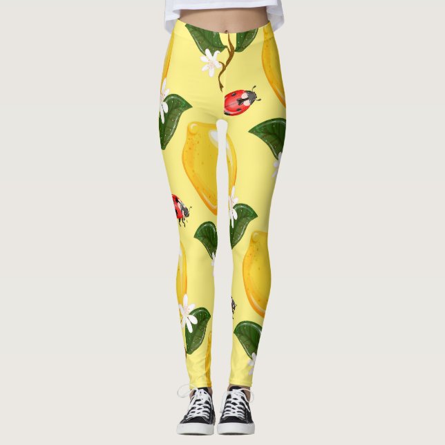 Legging Lemon Ladybug: Padrão Amarelo Tropical. (Frente)