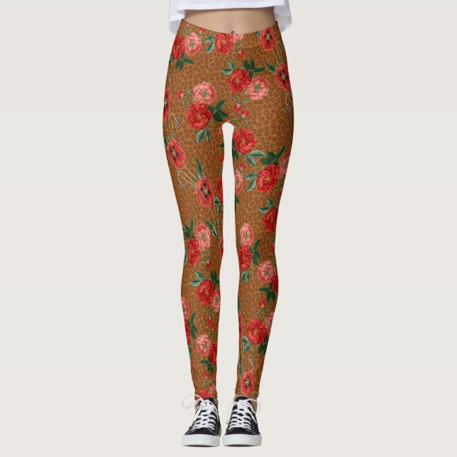 Legging Leopardo-animal exótico Imprime Flores Vermelhas L (Frente)