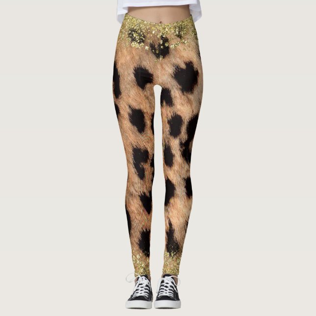Legging Leopardo Guepardo Impressão Dourado Brilho Moderno (Frente)
