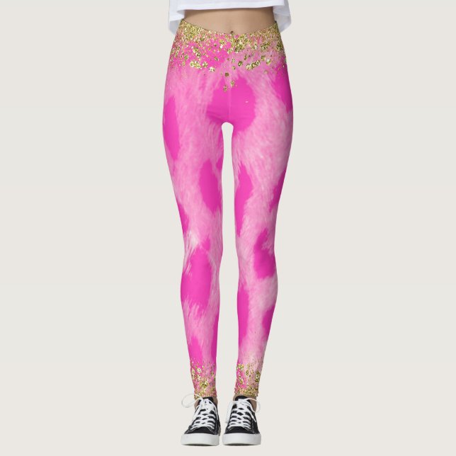 Legging Leopardo Rosa Estampa Guepardo Brilho Dourado Na M (Frente)
