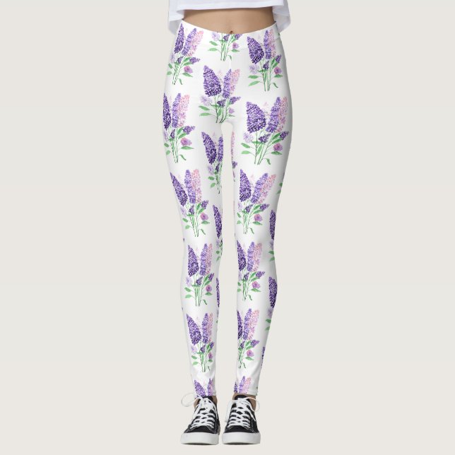 Legging Lilacs Flores Roxas Padrão Natural De Aquarela (Frente)
