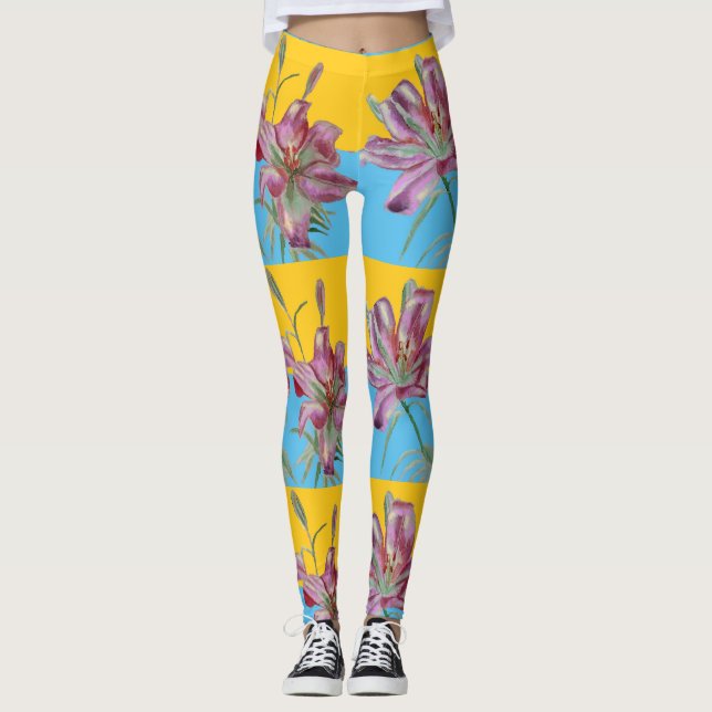 Legging Lily Lillies Floral Flor Cor de Água Rosa (Frente)