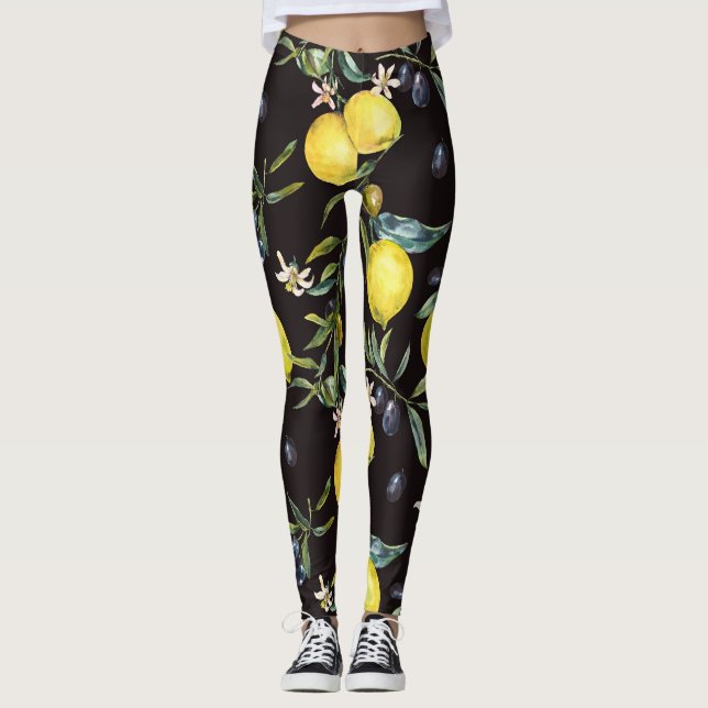 Legging Limão, ramos de oliveira: padrão de aquarela. (Frente)