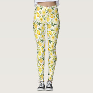 Legging Limão sem costura com folhas verdes e flores