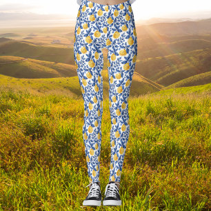 Legging Limões Amarelos Folhagem Azul Mediterrâneo Amalfi