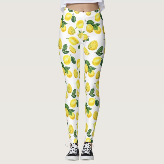 Legging Limões Amarelos Padrão de Fruta de Aquarela (Frente)