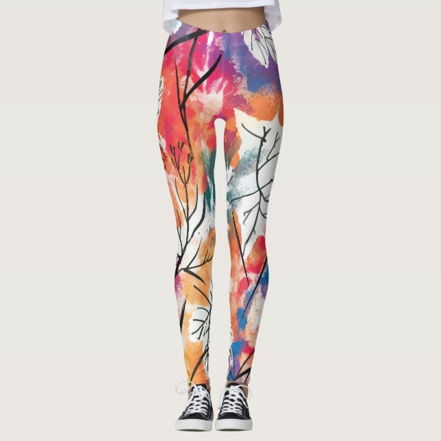 Legging Limões Desenhados À Mão, Padrão De Folhas Azuis. (Frente)