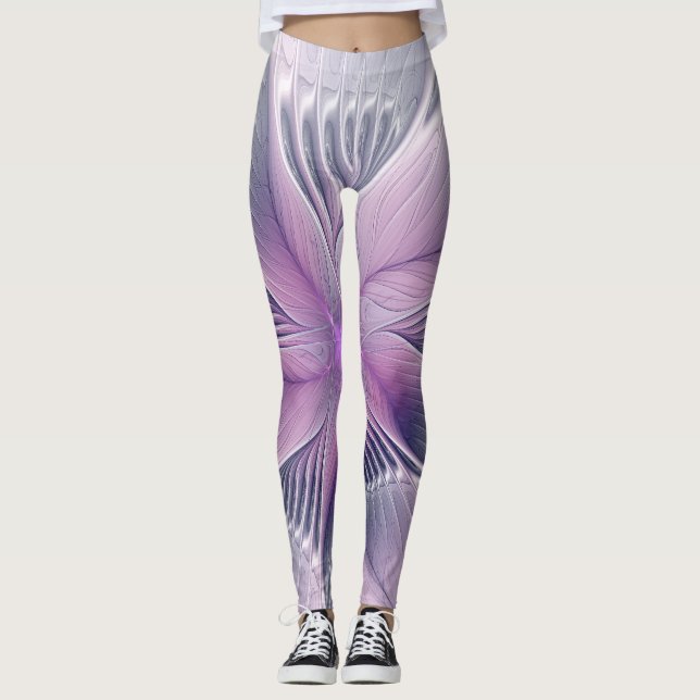 Legging Linda Flor Rosa Arte Abstrato Fractal Moderno (Frente)